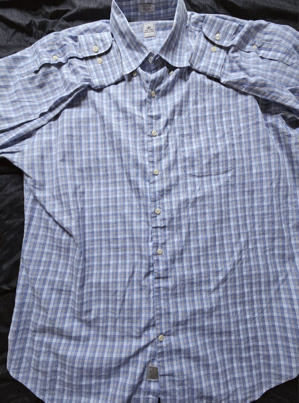Peter Millar Shirt Men's XL Blue Plaid Dress Button Up Cotton Nylon Spandex